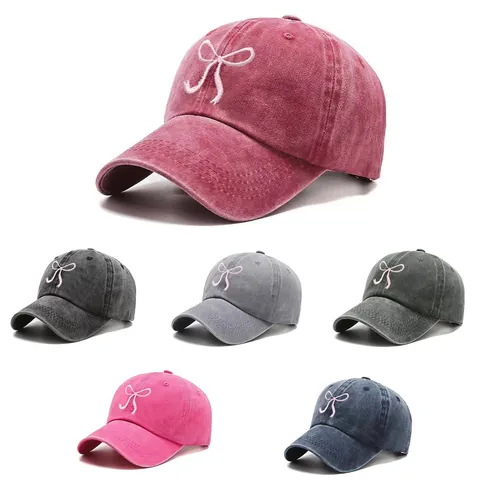 Bowknot Embroidered Washed Polyester Baseball Cap For Women Vintage Adjustable Sun Protection Soft Top Duck Tongue Hat Casual Outdoor Accessory
