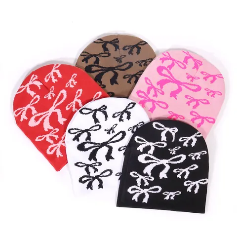 Women Winter Warm Knit Beanie Hat Sweet Bowknot Jacquard Acrylic Soft Skull Cap Slouchy Beanie Outdoor Casual Headwear
