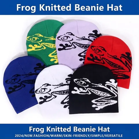 Frog Pattern Knitted Beanie Hat For Men Women American Street Style Acrylic Warm Winter Skull Cap