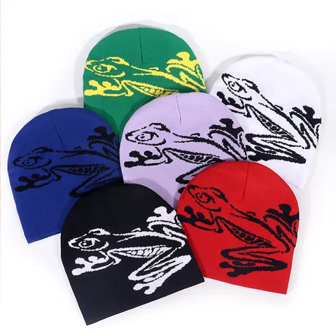 Frog Pattern Knitted Beanie Hat For Men Women American Street Style Acrylic Warm Winter Skull Cap