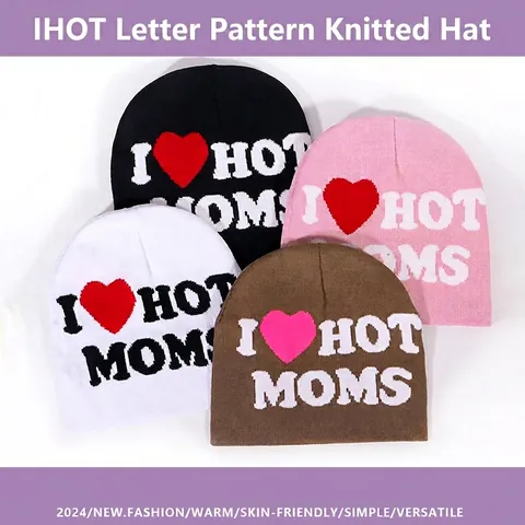 Bonnet Beanie en Tricot Jacquard I Heart Hot Moms Avec Lettres et Cœur Chaud Hiver Skull Cap pour Hommes Femmes Y2K Streetwear