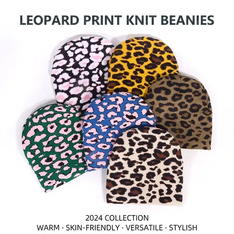 Fashion Leopard Print Jacquard Knit Beanie Acrylic Thick Warm Winter Hat Elastic Brimless Skull Cap For Men Women
