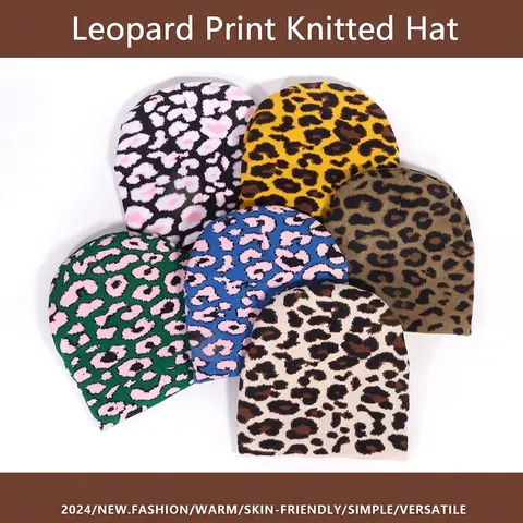 Fashion Leopard Print Jacquard Knit Beanie Acrylic Thick Warm Winter Hat Elastic Brimless Skull Cap For Men Women