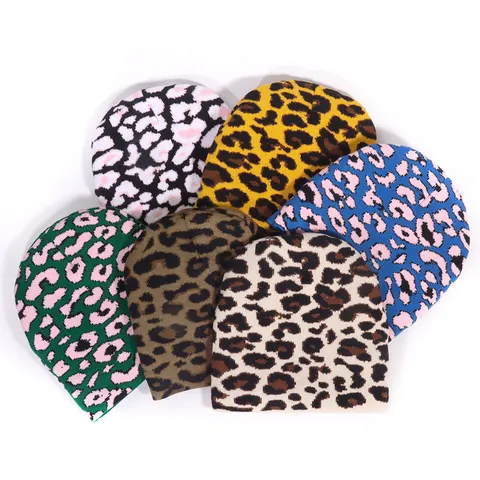Fashion Leopard Print Jacquard Knit Beanie Acrylic Thick Warm Winter Hat Elastic Brimless Skull Cap For Men Women