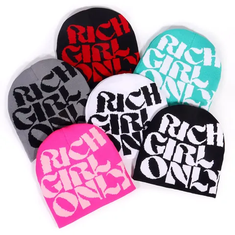 Women Rich Girl Only Letter Jacquard Knitted Beanie Hat Warm Acrylic Winter Streetwear Hip Hop Trendy Skull Cap