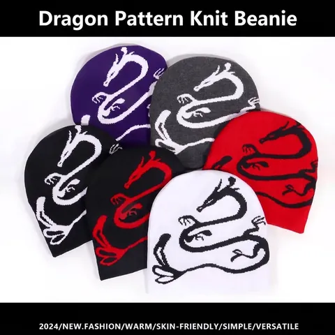 Unisex Y2K Drachenmuster Strickmütze Beanie Streetwear Hip Hop Warm Acryl Winter Skull Cap Für Herren Damen