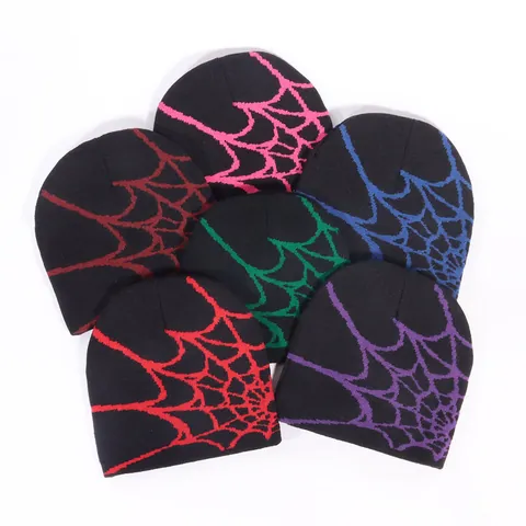 Unisex Y2K Spiderweb Knit Beanie Hat Streetwear Gothic Jacquard Acrylic Warm Winter Hat For Men Women