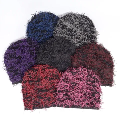 Unisex Winter Faux Fur Knitted Beanie Hat Distressed Fluffy Warm Streetwear Hip Hop Jacquard Skull Cap For Outdoor Cycling