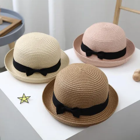 Summer Straw Sun Hat Round Top Paper Straw Beach Sunshade With Black Ribbon Bow For Kids Women