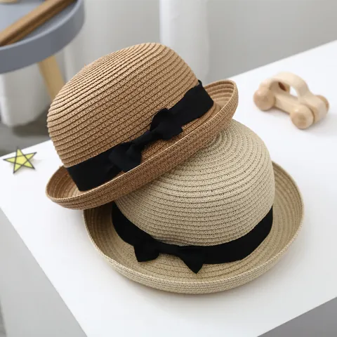 Summer Straw Sun Hat Round Top Paper Straw Beach Sunshade With Black Ribbon Bow For Kids Women