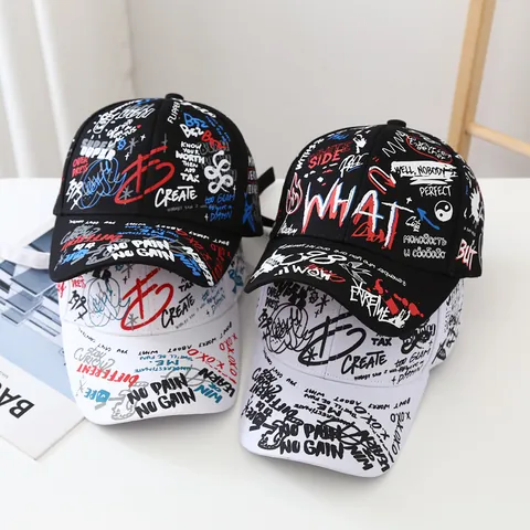 Streetwear Graffiti Print Cotton Baseball Cap With Long Adjustable Strap Hip Hop Sun Hat For Men Women Kids