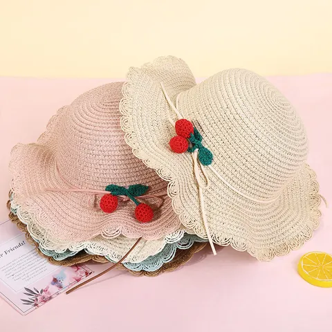 Children Straw Hat And Crossbody Bag Scalloped Edge Sun Protection Beach Vacation Summer Hat With Crochet Cherry Decor