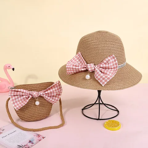 Kinder Mädchen Strohhut Und Passende Umhängetasche Mit Gingham Schleife Perle Breiter Krempe Sommer Strandurlaub Zubehör