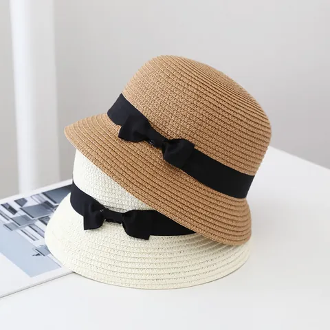 Cappello da Sole Estivo per Donna e Bambini in Paglia Con Fiocco Nastro Pieghevole da Spiaggia Viaggio Protezione Solare Casual Fedora