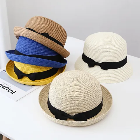 Cappello da Sole Estivo per Donna e Bambini in Paglia Con Fiocco Nastro Pieghevole da Spiaggia Viaggio Protezione Solare Casual Fedora