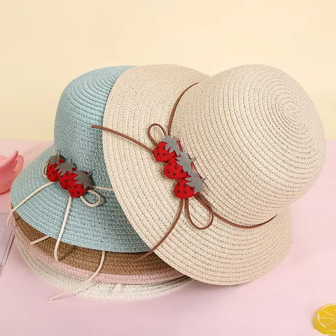 Kids Strawberry Straw Hat And Woven Crossbody Bag Set Sunshade Beach Vacation Summer Pastoral Style For Children Girls
