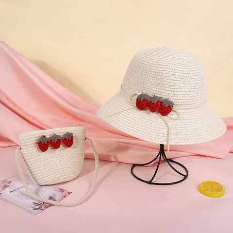 Kids Strawberry Straw Hat And Woven Crossbody Bag Set Sunshade Beach Vacation Summer Pastoral Style For Children Girls