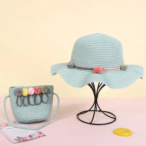 Sombrero de Paja para el Sol para Niños Y Bolso Bandolera a Juego Con Pompones de Colores Sombrero Tejido para la Playa para Niñas
