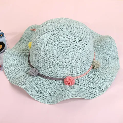 Sombrero de Paja para el Sol para Niños Y Bolso Bandolera a Juego Con Pompones de Colores Sombrero Tejido para la Playa para Niñas