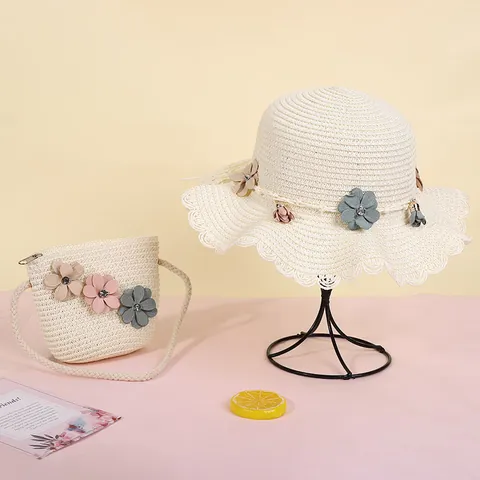 Kids Girls Straw Sun Hat With Matching Straw Shoulder Bag Floral Decoration Ruffled Brim Vacation Beach Accessories