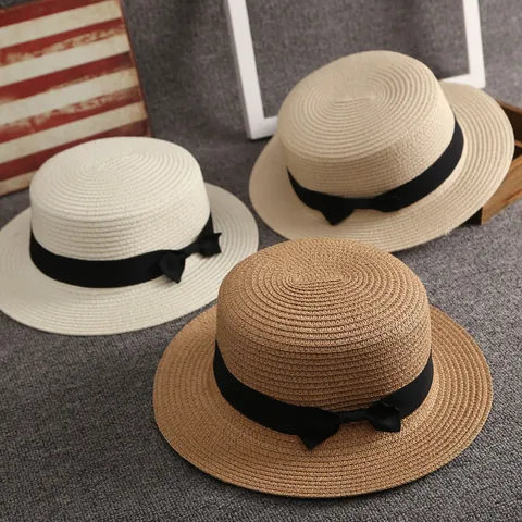 Vintage Women's Flat Top Straw Boater Hat With Black Ribbon Bow Summer Beach Sun Hat For Travel Breathable Sunshade Hat