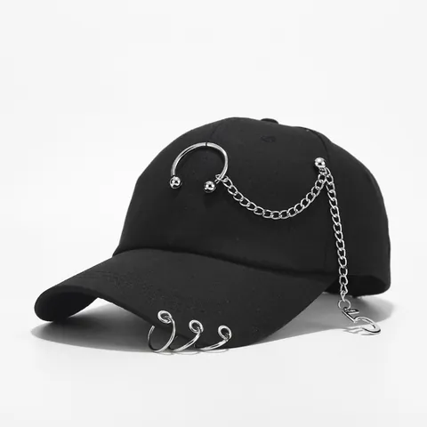 Hiphop Punk Baseball Cap Metal Rings Chains Eiffel Tower Paris Embroidery Adjustable Streetwear Hat For Kids Adults