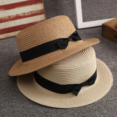 Cappello Di Paglia Da Donna Boater Hat Parte Superiore Piatta Protezione Solare Spiaggia Con Fiocco Nero Vintage Casual