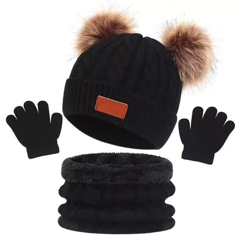 Kids Winter Knitted Hat Scarf And Gloves Set Acrylic Fleece Lined Cable Knit Double Pom Poms Warm Outdoor Set For Boys Girls