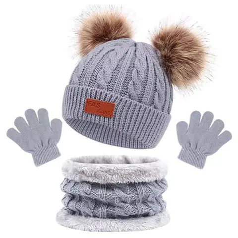 Kids Winter Knitted Hat Scarf And Gloves Set Acrylic Fleece Lined Cable Knit Double Pom Poms Warm Outdoor Set For Boys Girls