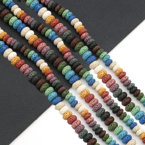 Natural Lava Stone Beads Porous Volcanic Rock Flat Round Abacus Loose Beads For DIY Jewelry Making Essential Oil Diffuser Aromatherapy Strands