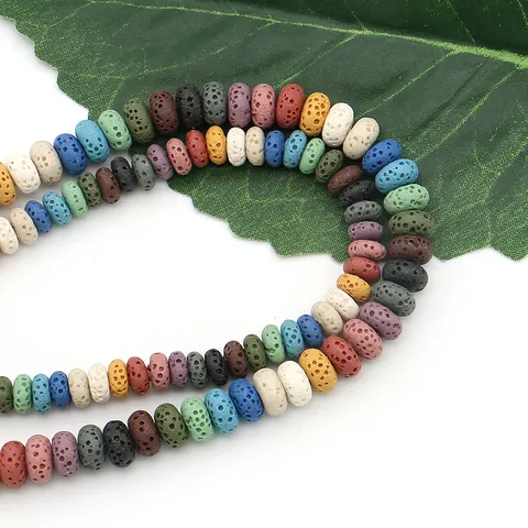 Natural Lava Stone Beads Porous Volcanic Rock Flat Round Abacus Loose Beads For DIY Jewelry Making Essential Oil Diffuser Aromatherapy Strands
