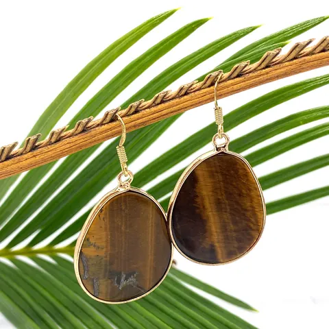 Natural Stone Drop Earrings For Women Gold Plated Alloy Bezel Teardrop Pink Quartz Tiger Eye Lapis Lazuli Bohemian Dangle Earrings Jewelry