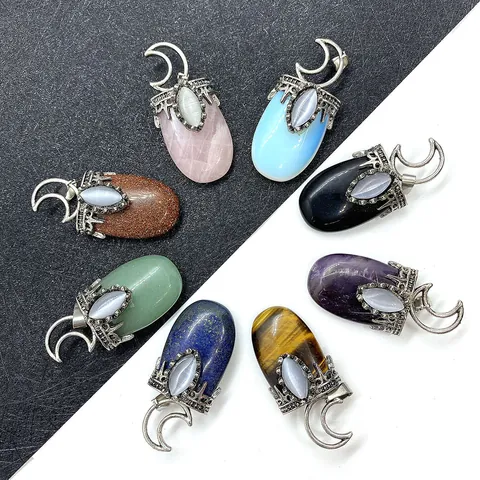 Pendentif Croissant de Lune en Pierre Naturelle Vintage Accessoire de Bijouterie DIY Pendentif Charme Pierre Ovale Uniquement Sans Chaîne