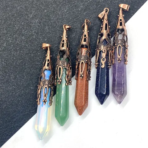 Naturstein Sechseckiges Prisma Anhänger Nur Ohne Kette Vintage Hohllegierung Kappe Für DIY Schmuckherstellung Damen Zubehör