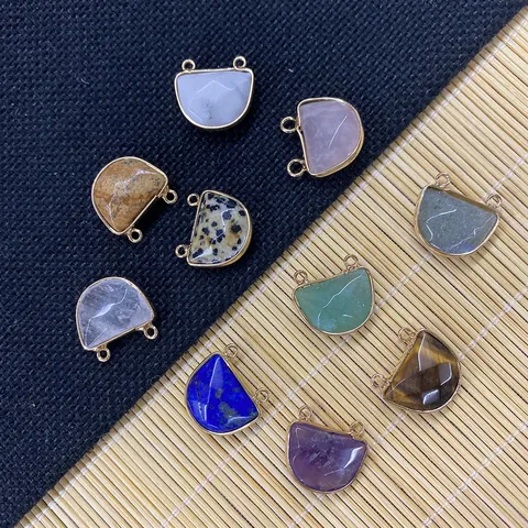 Natural Stone Semicircle D-Shape Pendant Gold Plated Alloy Frame Double Loop Connector For DIY Bracelet Necklace Making Jewelry Findings