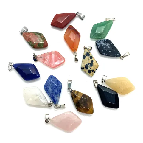 Natural Stone Faceted Rhombus Pendant Only Without Chain For DIY Jewelry Making Geometric Stone Charm For Women Men Accessories