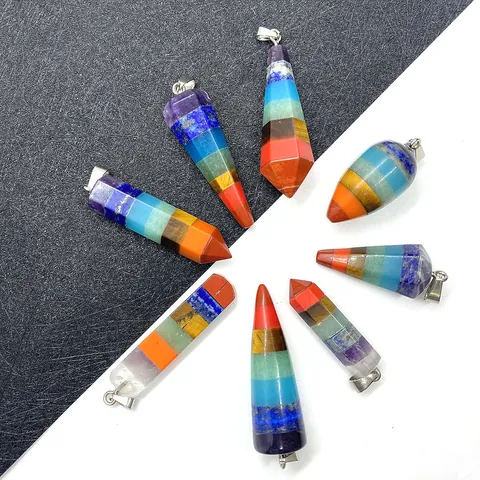 Natural Stone Seven Chakra Crystal Pendants Hexagonal Prism Bullet Cone Shape For DIY Jewelry Making Healing Meditation Women Men Pendant Only (Without Chain)