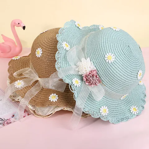 Kids Girls Straw Sun Hat And Crossbody Bag Daisy Embroidery Scalloped Brim Organza Bow Ribbon Summer Beach Accessories