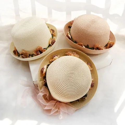 Women Kids Summer Sun Straw Hat With Flower Decoration Breathable Beach Travel Vacation Bucket Hat For Girls Mother Child