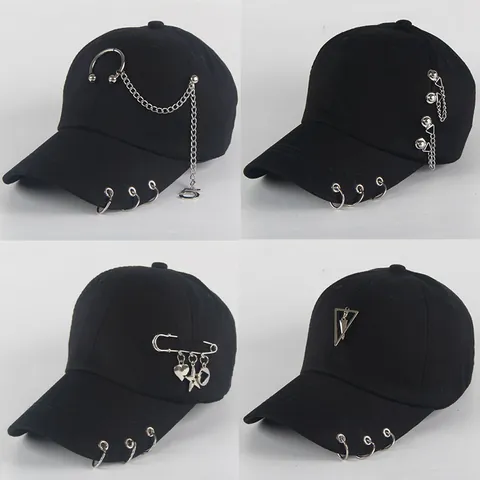 Cappellino da Baseball Street Punk Donna in Canapa Con Anello Metallico Catena Lunga Berretto Regolabile Parasole Spilla Balia Cuore Stella Ciondoli Hip Hop Style Trucker Hat Per Estate Outdoor