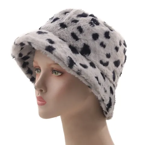 Leopard Print Faux Fur Bucket Hat For Women Men Winter Warm Plush Basin Hat Fashion Animal Pattern Wide Brim Fisherman Hat