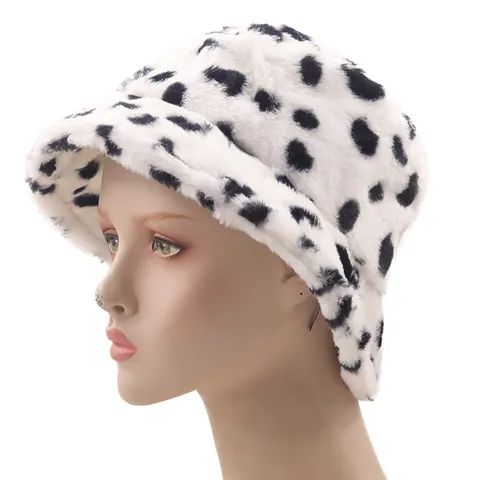 Leopard Print Faux Fur Bucket Hat For Women Men Winter Warm Plush Basin Hat Fashion Animal Pattern Wide Brim Fisherman Hat