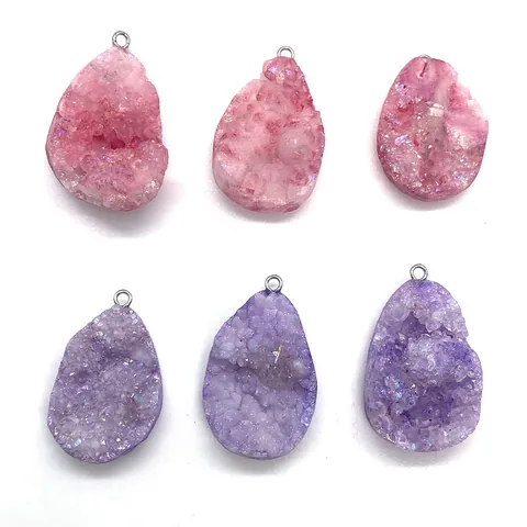 Natural Teardrop Druzy Quartz Pendant Iridescent Purple Pink Crystal Cluster Stone Charm With Metal Loop Pendant Only Without Chain For DIY Necklace Jewelry Making Supplies