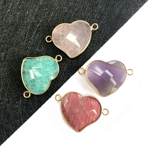 Gefacetteerde Hart Natuursteen Connector Hanger Vergulde Legering Dubbele Lus DIY Sieraden Accessoires Voor Ketting Armband Amethist Rozenkwarts