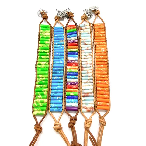 Bohemian Natural Imperial Jasper Stone Tube Beads Leather Wrap Bracelet For Women Handmade Vintage Ethnic Jewelry Gift