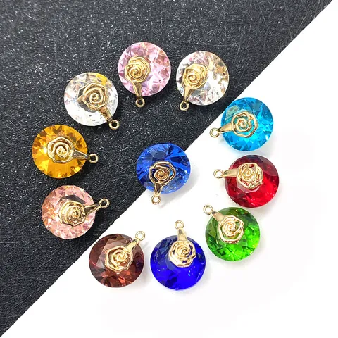 Faceted Crystal Round Pendants With Rose Flower Heart Metal Cap Pendant Only Without Chain DIY Jewelry Making Findings