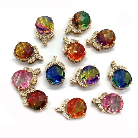 Round Faceted Colorful Crystal Pendant For DIY Jewelry Making Gold Plated Alloy Zirconia Inlaid Gemstone Pendant Only
