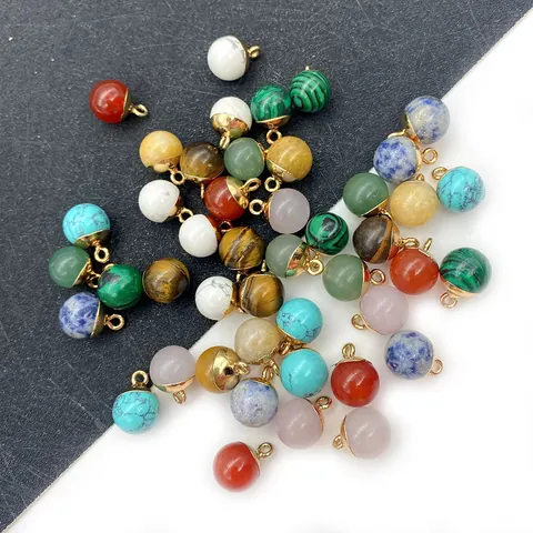 Natural Stone Round Ball Pendants With Gold Alloy Cap For DIY Jewelry Making Necklaces Findings Polished Semi Precious Stone Charms