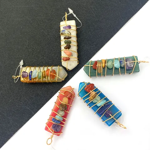 Natural Stone Hexagonal Column Pendant 7 Chakra Crystal Wire Wrapped Healing Jewelry For Women Necklace Making DIY Accessories