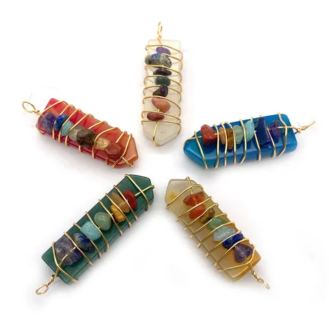 Natural Stone Hexagonal Column Pendant 7 Chakra Crystal Wire Wrapped Healing Jewelry For Women Necklace Making DIY Accessories